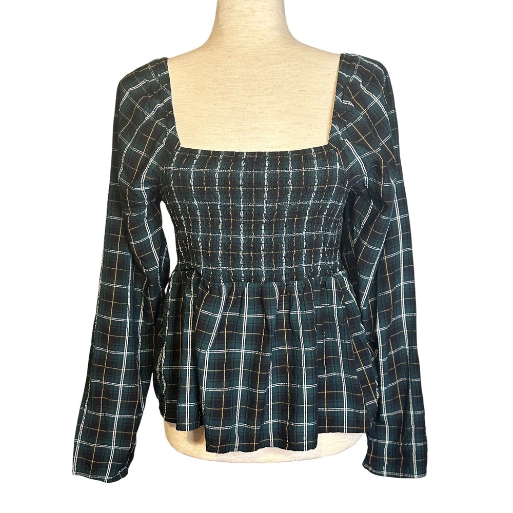 Old Navy Green Tartan Plaid Smocked Peplum Babydoll Cottage Coquette Top Large